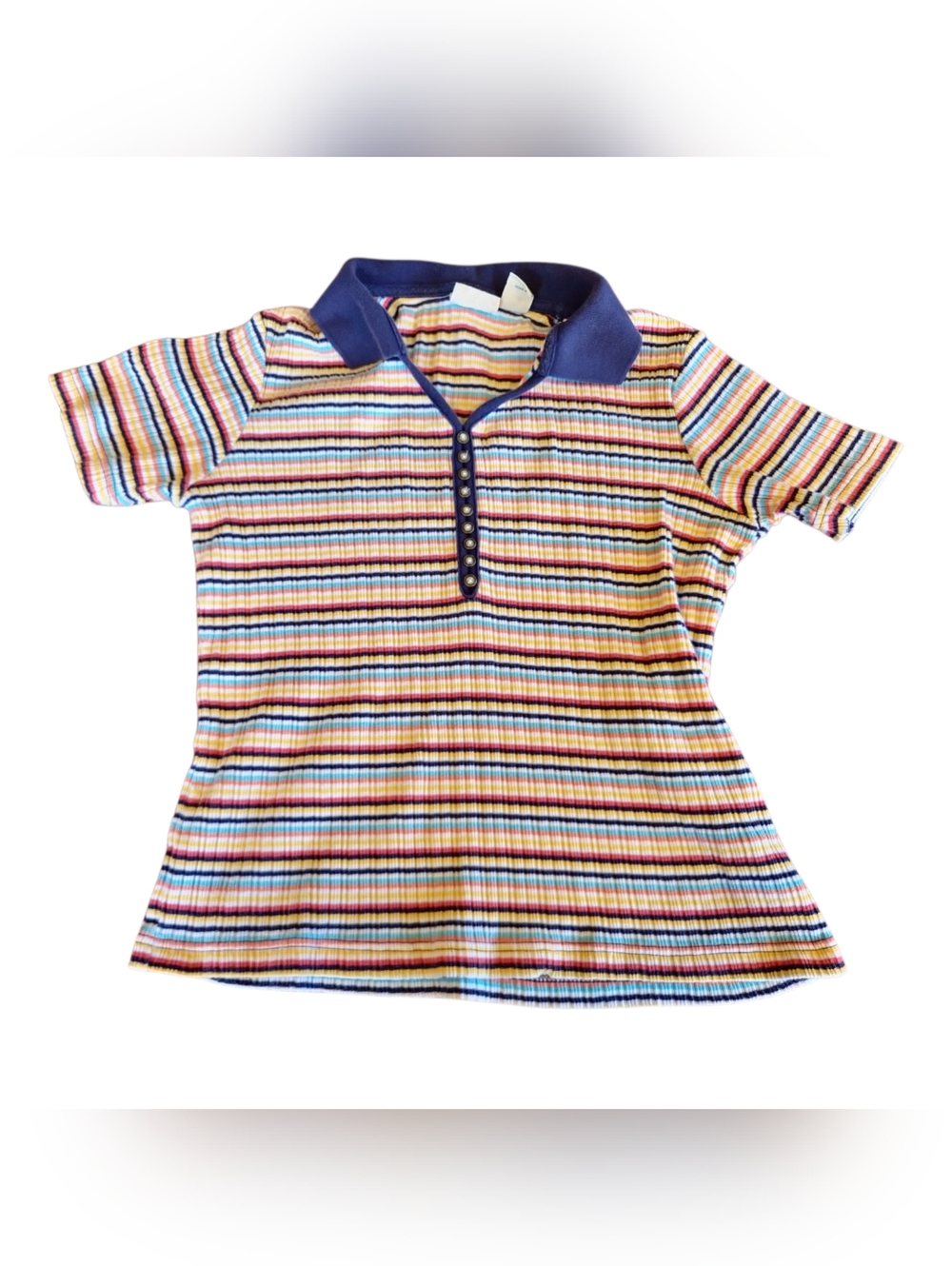 Vintage‎ Multicolor Striped Knit Ribbed Polo Boxy Shirt  Festival 90s Medium P
